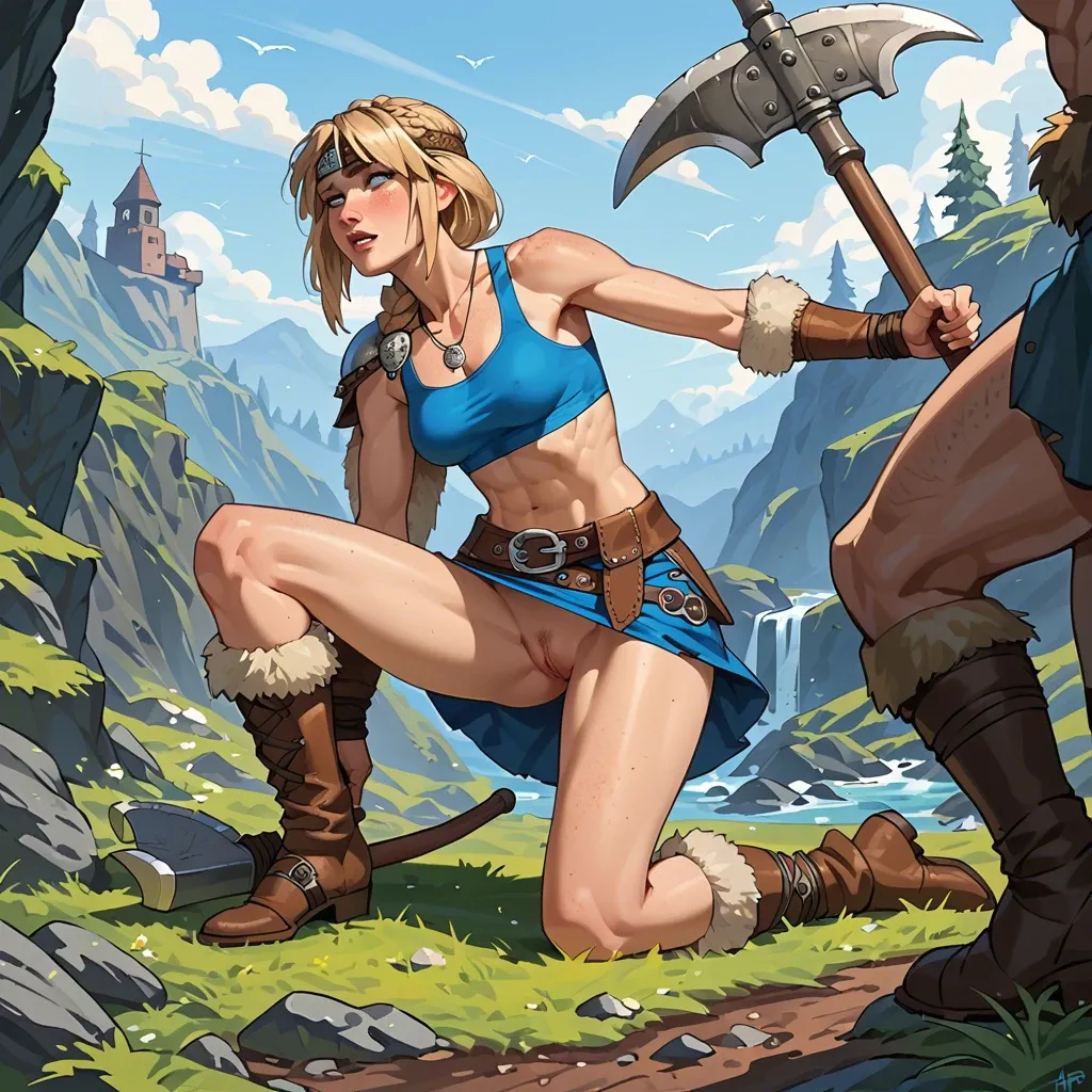 Freckles, petite body, long legs, how to train your dragon, Astrid hofferson,long blonde hair, viking,blue eyes,battle axe,blue skirt,blue crop top