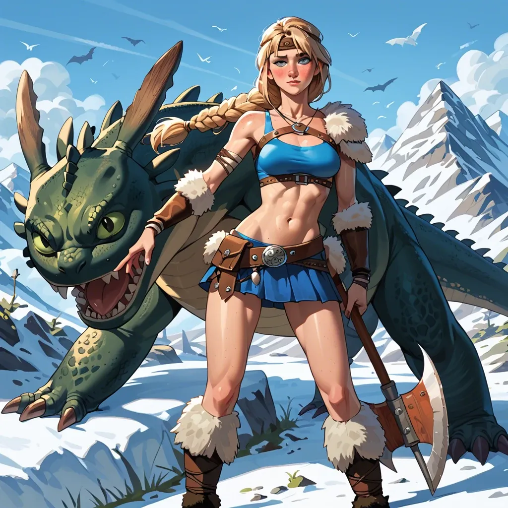 Freckles, petite body, long legs, how to train your dragon, Astrid hofferson,long blonde hair, viking,blue eyes,battle axe,blue skirt,blue crop top,dragon