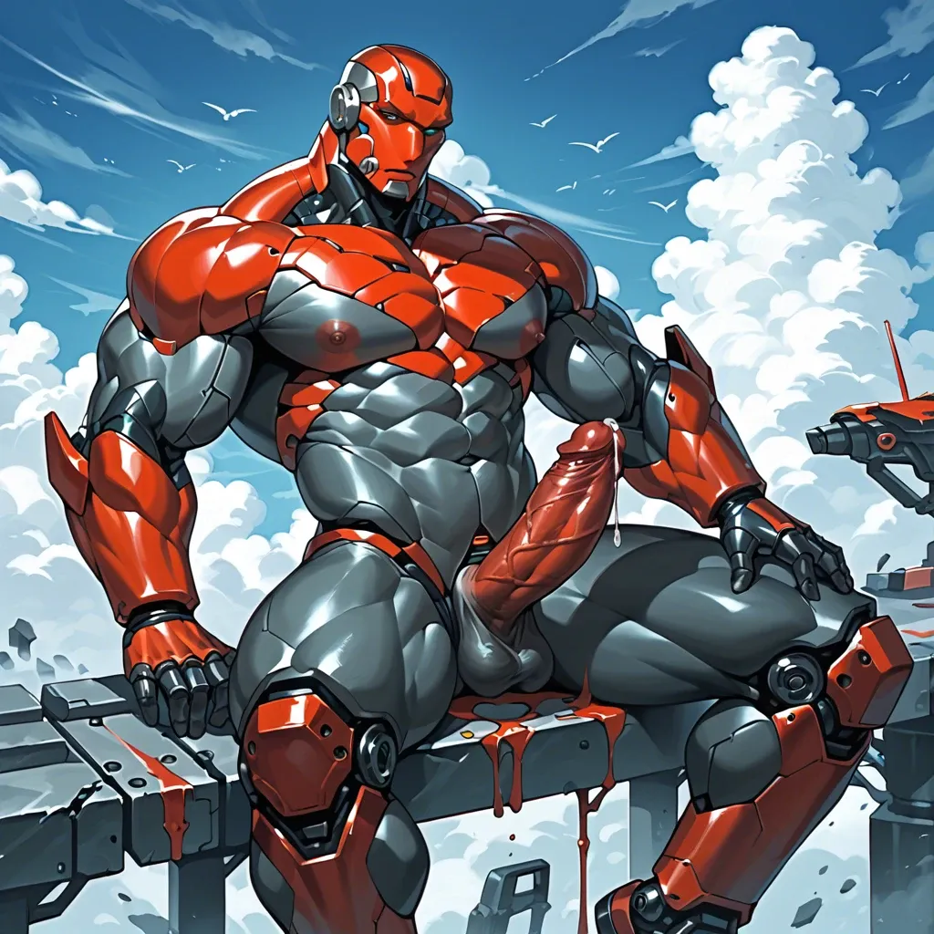 A male robot-android of the future, yellow colored iron skin, with red colored sexy body accessories, muscular, his big erection cock dripping with precum, he sitting on the clouds, background is the sky and clouds