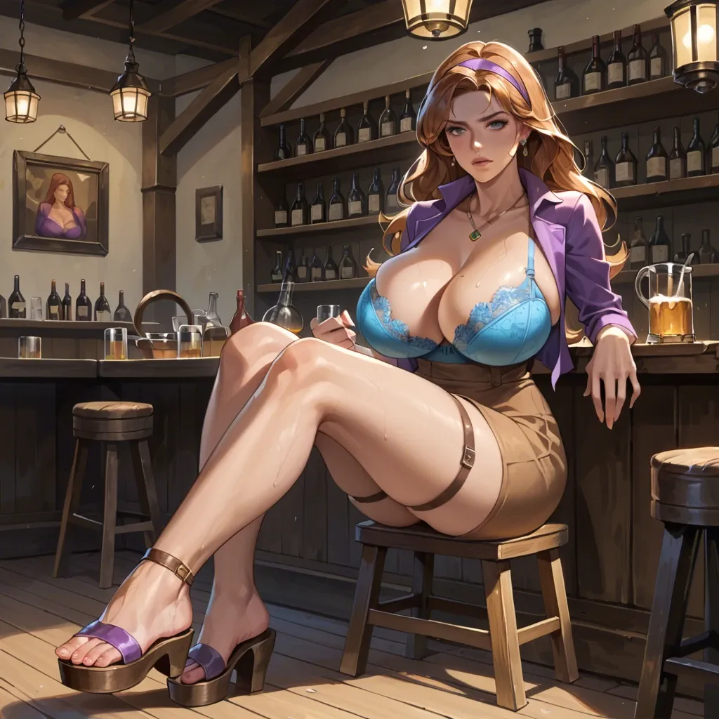 1girl,solo, , , , arching,showing feet,huge breast,waist,shoulder tattoo, brown skirt,striped,necklace,blue bra,sandals, daphne blake, tavern setting, anime style, studio lighting, lara croft, anna and elsa