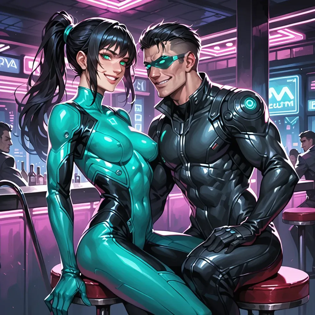 female, glowing turquoise eyes, pale, black hair, ponytail, skinny, muscular, flightsuit, from the side, calm, smirking, yandere, dominant, head tilt, smile, sitting on barstool, nightclub, sci-fi