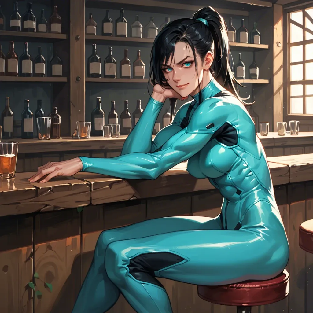 Female, solo, pale, black hair, ponytail, skinny, muscular, bright turquoise eyes, staring, yandere, head tilt, smirk, turquoise flightsuit, from the side, sitting, bar stool