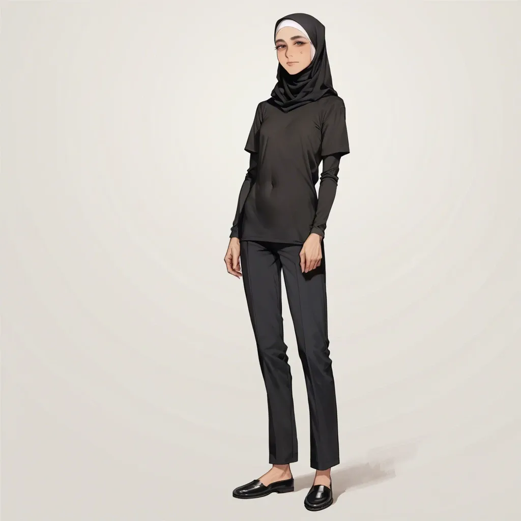 Skinny tall asian anime girl flat chested wearing hijab, long sleeved casual t-shirt and slim fit casual pants, indoor in study, tired eyes, smiling weakly, full body standing