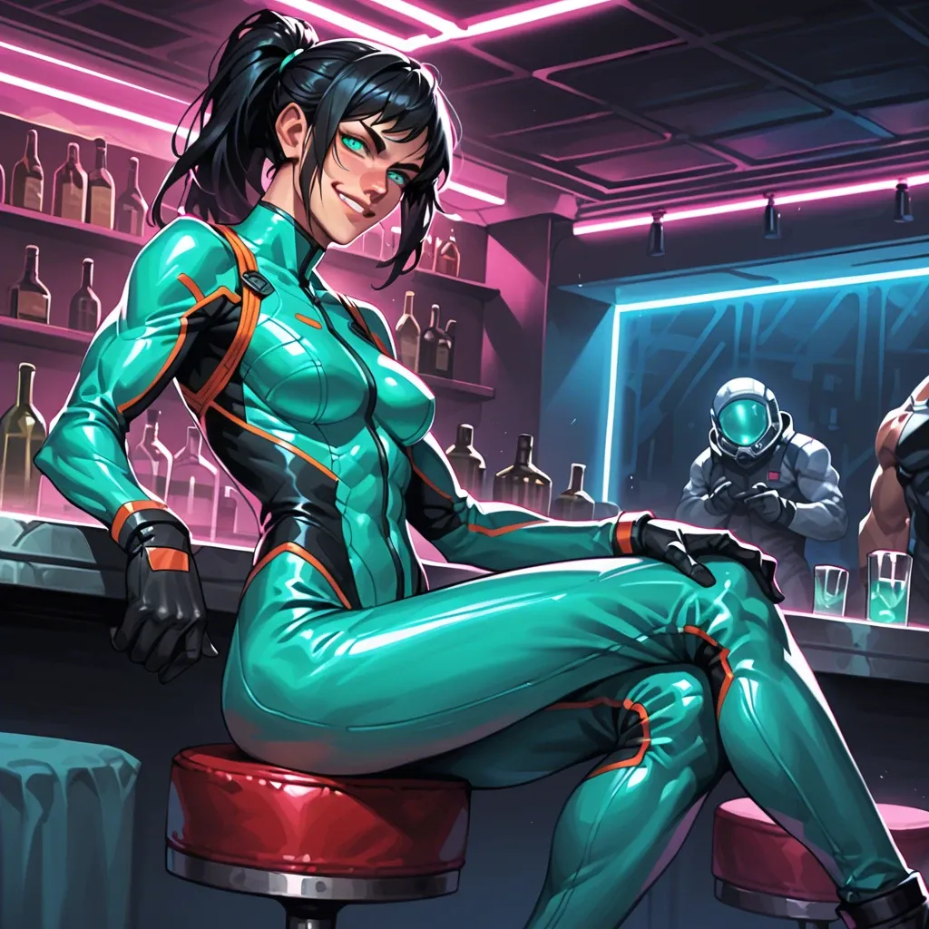 female, solo, glowing turquoise eyes, pale, black hair, ponytail, skinny, muscular, flightsuit, from the side, calm, smirking, yandere, dominant, head tilt, sitting on barstool, nightclub