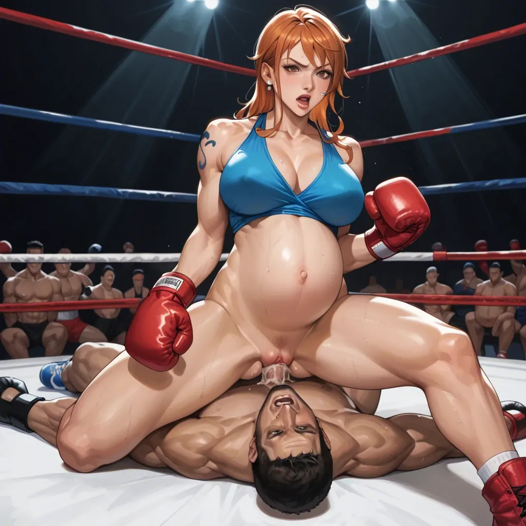 pregnant Nami, wear red boxing outfit, fight a lot of mens in boxing ring