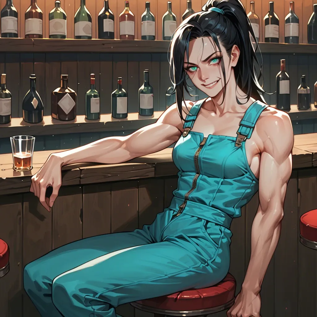 Female, solo, pale, black hair, ponytail, skinny, muscular, bright turquoise eyes, staring, yandere, head tilt, smirk, turquoise coveralls, from the side, sitting, bar stool