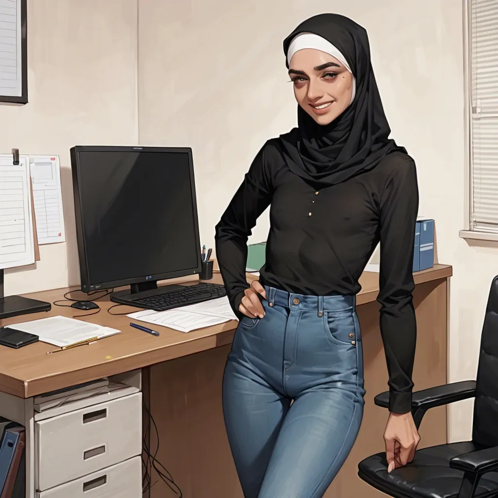 Skinny tall girl flat chested wearing hijab, long sleeved dress and slim fit jeans, indoor in office, tired eyes, smiling weakly