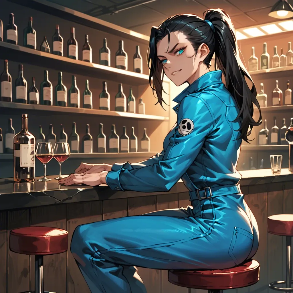 Female, solo, pale, black hair, ponytail, skinny, muscular, bright turquoise eyes, staring, dominant, head tilt, smirk, longsleeve coveralls, from the side, sitting, stool, nightclub