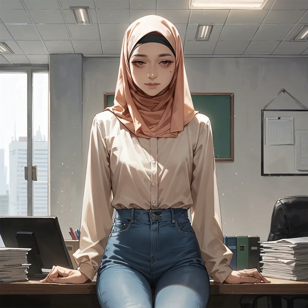 Skinny tall asian anime girl flat chested wearing hijab, long sleeved dress and slim fit jeans, indoor in office, tired eyes, smiling weakly