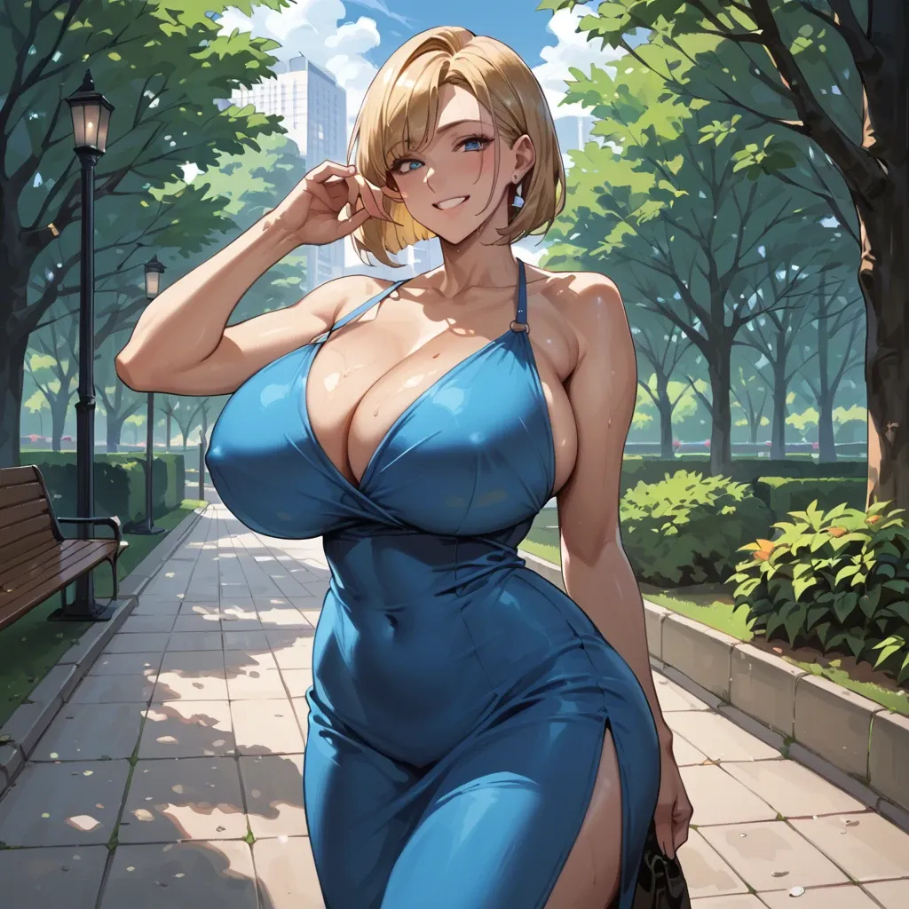 Anime milf, blonde, bob cut, blue eyes, massive breasts, large hips, blue dress, smiling, park, night