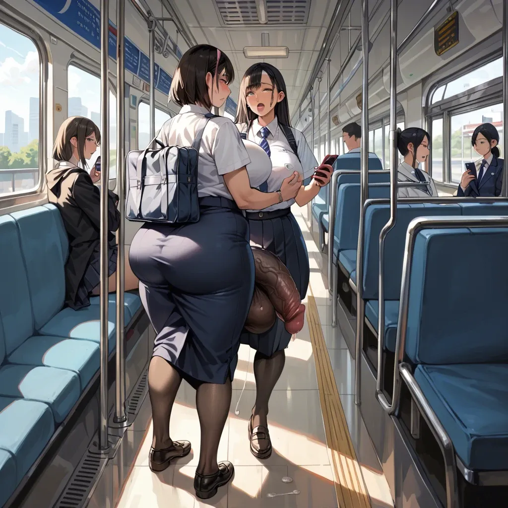 10 females,japanese,1 futanari, hyper penis, hyper balls,flaccid,huge bulge,leaking precum,  standing,looking at phone, carrying schoolbag,crowded train,schoolgirl uniform ,plump ,huge ass, very wide hips, thick thighs, huge breasts ,breasts bigger than head,  full body view ,side view