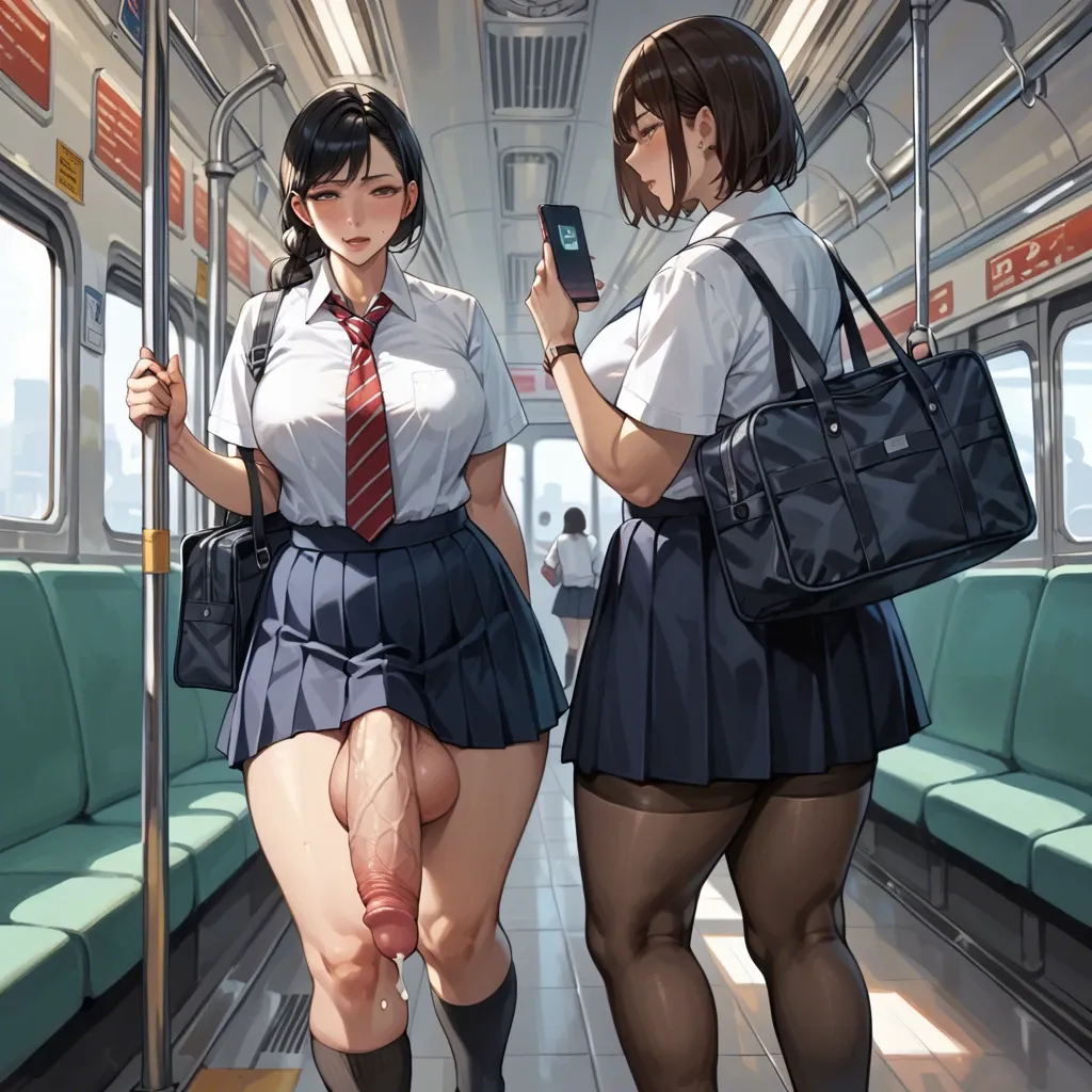 10 females,japanese,1 futanari, hyper penis, hyper balls,flaccid,leaking precum,  standing,looking at phone, carrying schoolbag,crowded train,schoolgirl uniform ,plump ,huge ass, very wide hips, thick thighs, huge breasts ,breasts bigger than head,  full body view ,side view