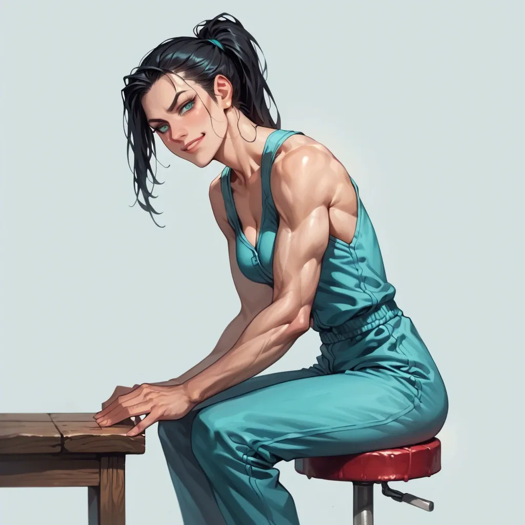 female, turquoise eyes, pale, black hair, ponytail, skinny, muscular, turquoise coveralls, from the side, calm, smirk, staring, yandere, dominant, sitting on barstool