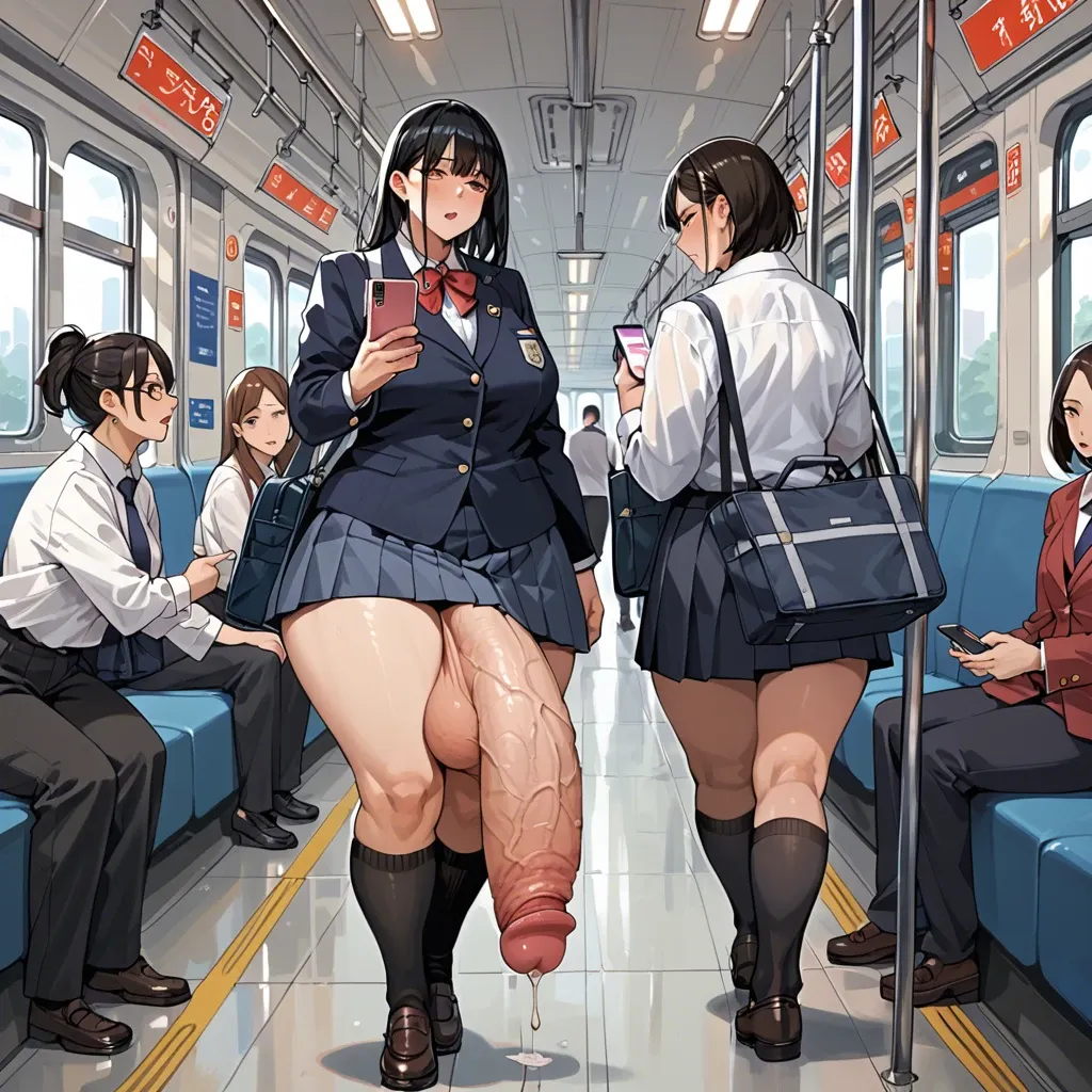 10 females,japanese,1 futanari, hyper penis, hyper balls,flaccid,leaking precum,  standing,looking at phone, carrying schoolbag,crowded train,schoolgirl uniform ,plump ,huge ass, very wide hips, thick thighs, huge breasts ,breasts bigger than head,  full body view ,side view