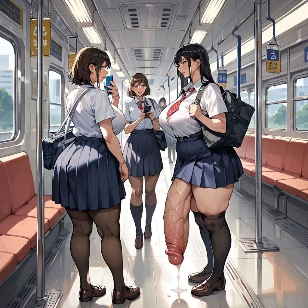 10 females,japanese,1 futanari, hyper penis, hyper balls,flaccid,leaking precum,  standing,looking at phone, carrying schoolbag,crowded train,schoolgirl uniform ,plump ,huge ass, very wide hips, thick thighs, huge breasts ,breasts bigger than head,  full body view ,side view