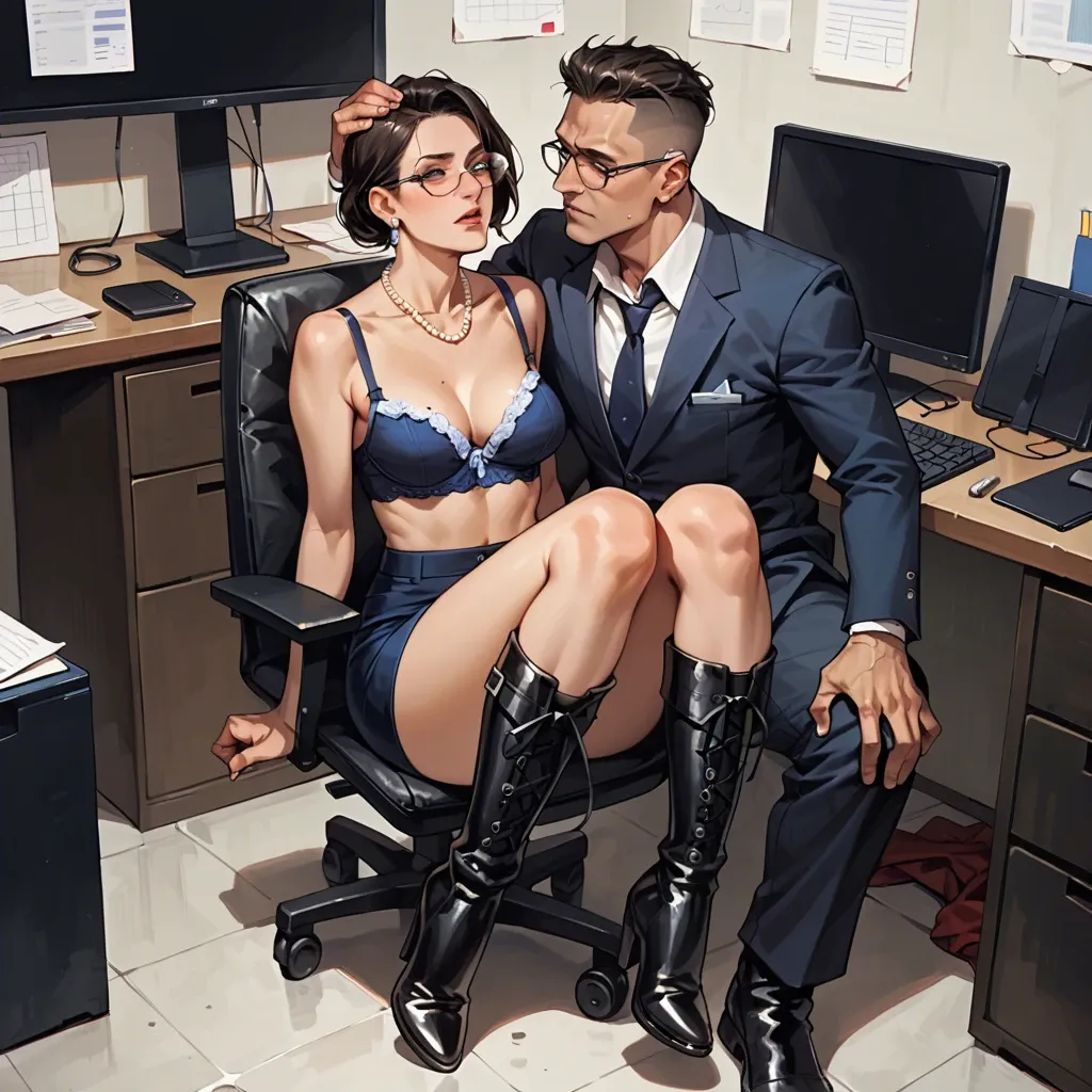 1girl,1boy, , , , sexy mole,feet on head,medium boobs,round boobs,wide shoulders, half dressed,pearl necklace,glasses,frilled bra,knee boots, office man, on the street, cyberpunk, bedroom, laying on a bed, anime artwork, studio lighting,