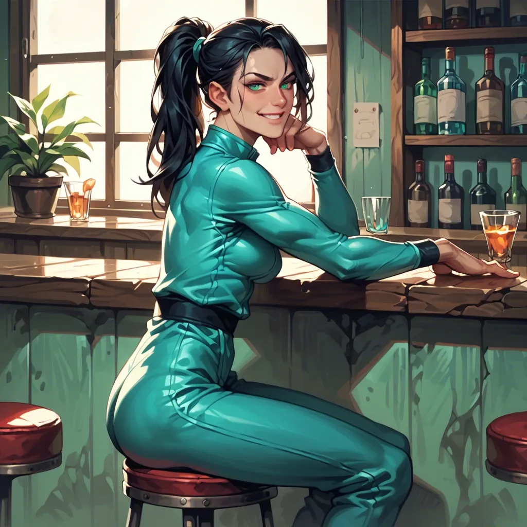 female, turquoise eyes, pale, black hair, ponytail, skinny, muscular, turquoise coveralls, turquoise flightsuit, from the side, calm, smirk, staring, yandere, dominant, sitting on barstool, bar