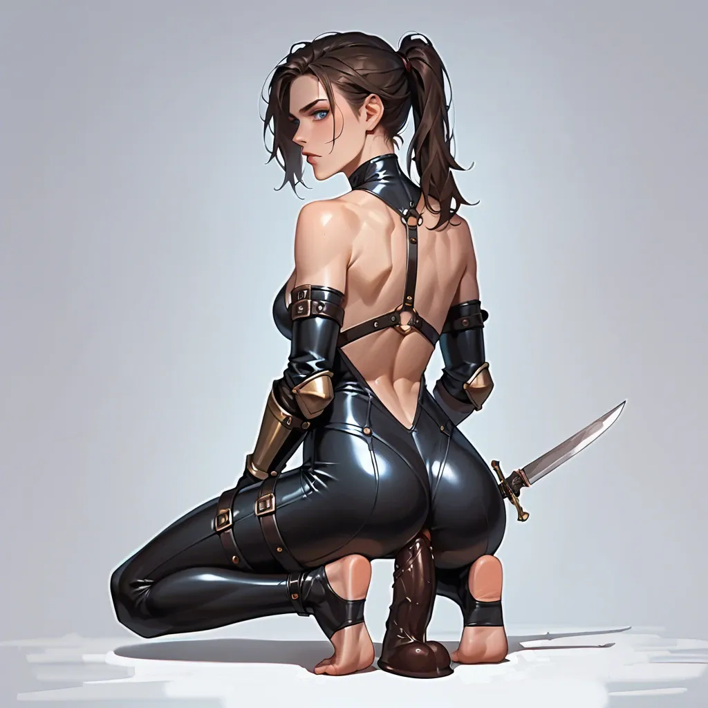 1girl, solo, dark chocolate brown hair, ponytail, blue eyes, a meager amount of leather armor, black leather leggings, lots of bare skin, bare back, sexy fit ass, dagger, on knees, riding dildo, dynamic, fuck in ass