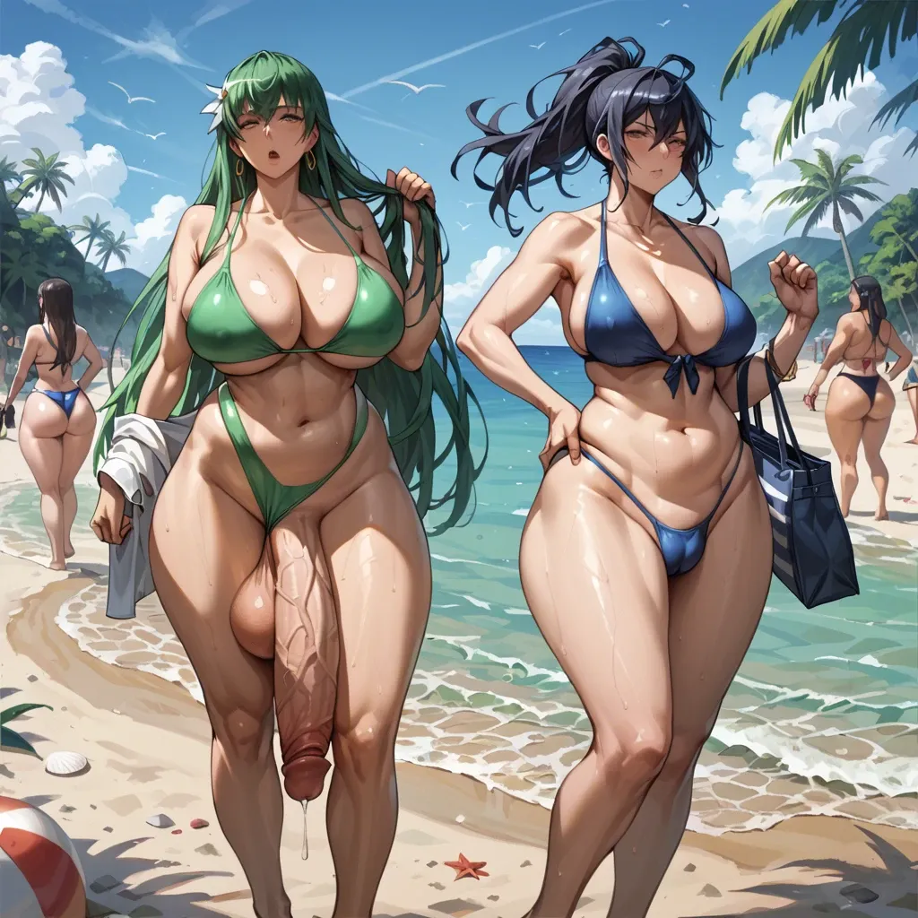 10 females,japanese,1 futanari, hyper penis, hyper balls,flaccid,leaking precum,  standing,carrying bag,crowded beach,swimsuit, highschool students,plump ,huge ass, very wide hips, thick thighs, huge breasts ,breasts bigger than head,  full body view ,side view