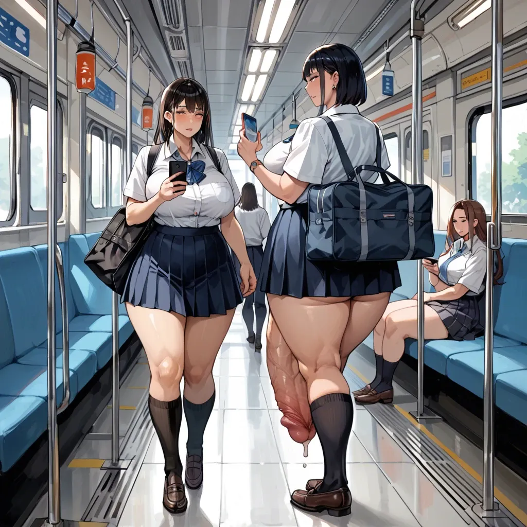 10 females,japanese,1 futanari, hyper penis, hyper balls,flaccid,leaking precum,  standing,looking at phone, carrying schoolbag,crowded train,schoolgirl uniform ,plump ,hyper ass, very wide hips, thick thighs, huge breasts ,breasts bigger than head,  full body view ,side view