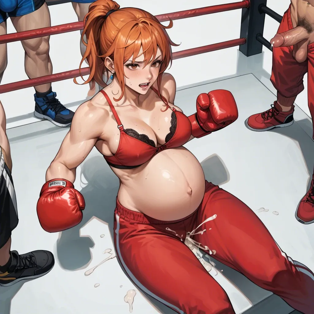 pregnant cute Nami, wear red boxing pants and red boxing bra, gangbang creampie, sit on, orgasm, from above angle, in boxing ring