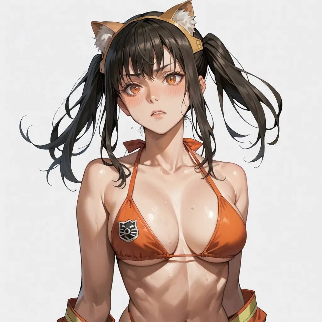 1girls,Tamaki Kotatsu,fire force,Cat ears,hairstyle ponytails,bikini,fire uniform,