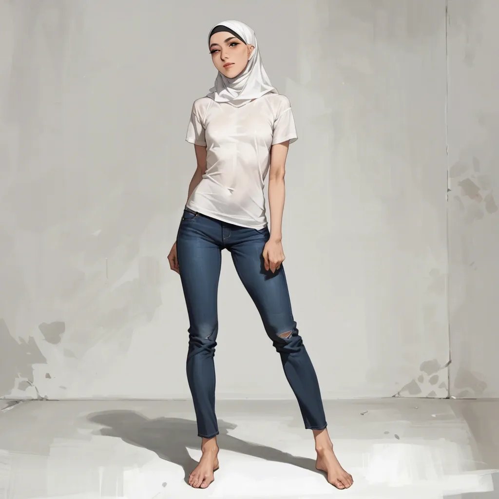 Skinny tall asian anime girl flat chested wearing hijab, long sleeved casual t-shirt and slim fit casual jeans, barefoot, indoor, young, tired eyes, smiling weakly, full body standing, bare face no makeup