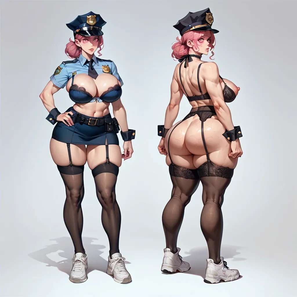 girl,, , , , deep pink eyes,round boobs,narrow hips,wrinkled skin, spiral eyes,on tiptoe,nipples showing,gigantic hips,wrist cuffs, police uniform,garter belt,bra,white sneakers, black leggings,ribbon choker,panties visible,stiletto heels, bathroom, dark alleyway,