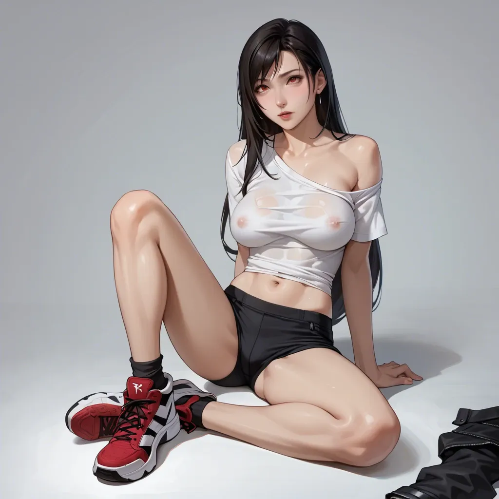 1girl,1boy, , , ,,off shoulder, round breasts,slim, slender, lifted t-shirt,sneakers, tifa lockhart