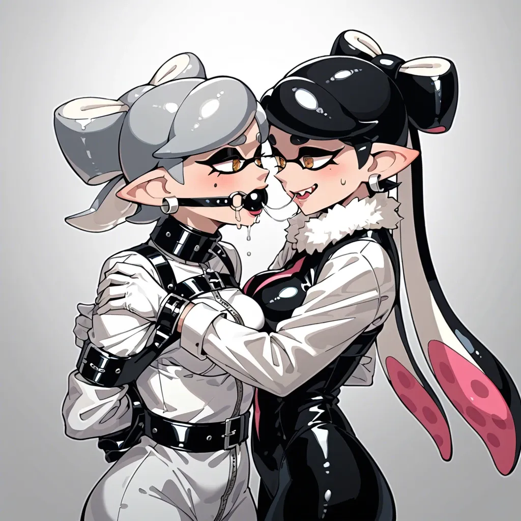 Nsfw, splatoon, Callie, Marie, 1 girl in straitjacket with fur collar and fur trim,  1 girl ball gagged, femdom, dark room, prison cell, lesbian,  1 girl struggling in straitjacket, 1 girl bound, groping, 2 girls, groping, inserting gag, full body view