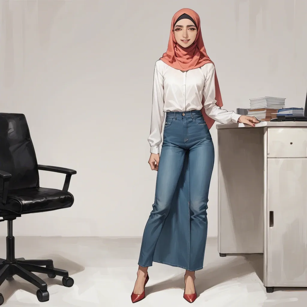 Skinny tall asian anime girl flat chested wearing hijab, long sleeved dress and slim fit jeans, indoor in office, tired eyes, smiling weakly, full body standing