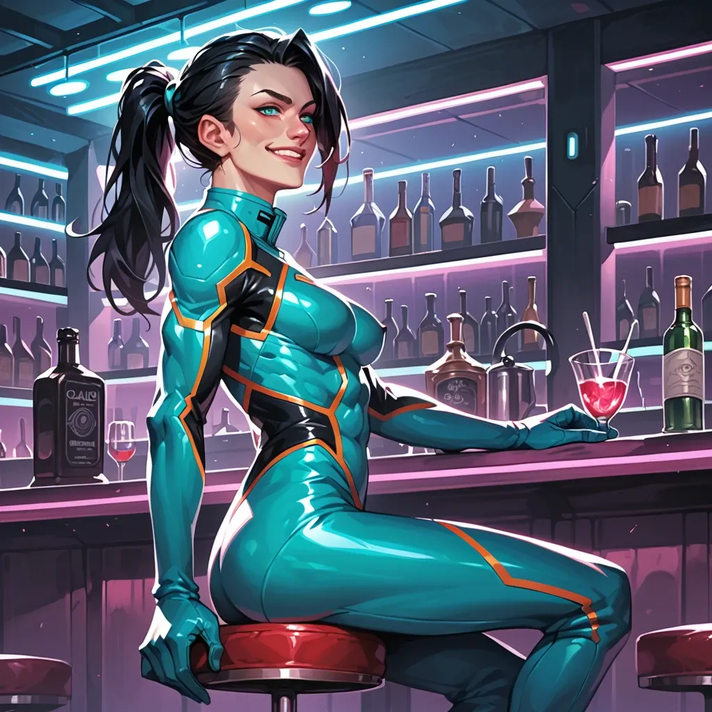 female, solo, glowing turquoise eyes, pale, black hair, ponytail, skinny, muscular, flightsuit, from the side, calm, smirking, yandere, dominant, head tilt, smile, sitting on barstool, nightclub, sci-fi