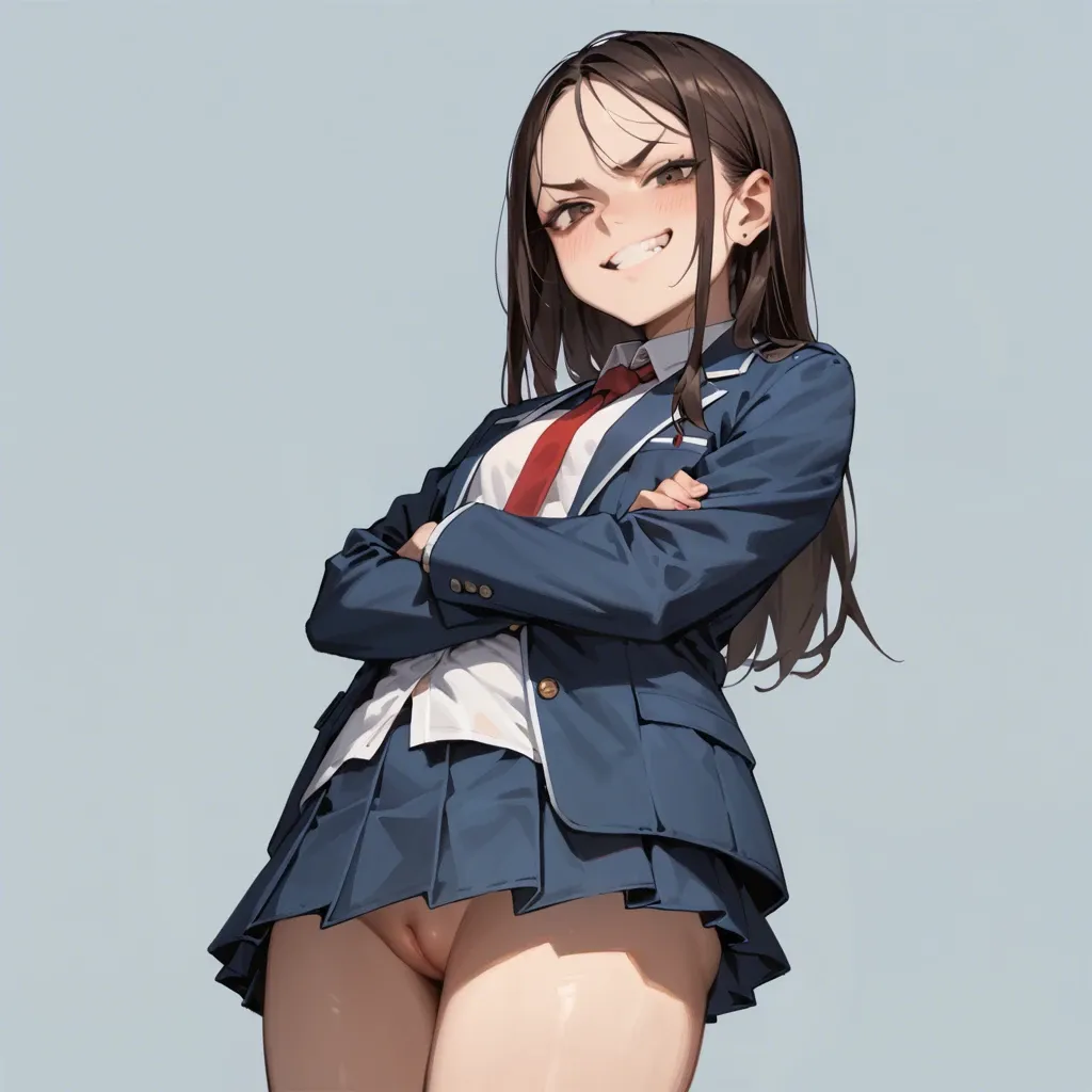 Very long dark brown hair, dark brown eyes, super flat chest, soft belly, school girl outfit, navy blue jacket, white shirt, red and white tie, navy blue school skirt, no panties, lower angle view, bully, smug smile, arms crossed, empty classroom,