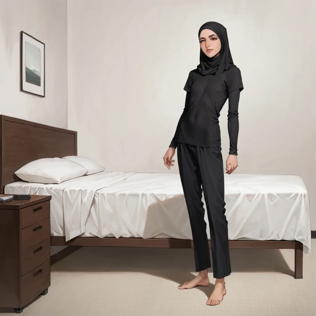 Skinny tall asian anime girl flat chested wearing hijab, long sleeved casual t-shirt and slim fit casual pants, barefoot, indoor in bedroom, tired eyes, smiling weakly, full body standing