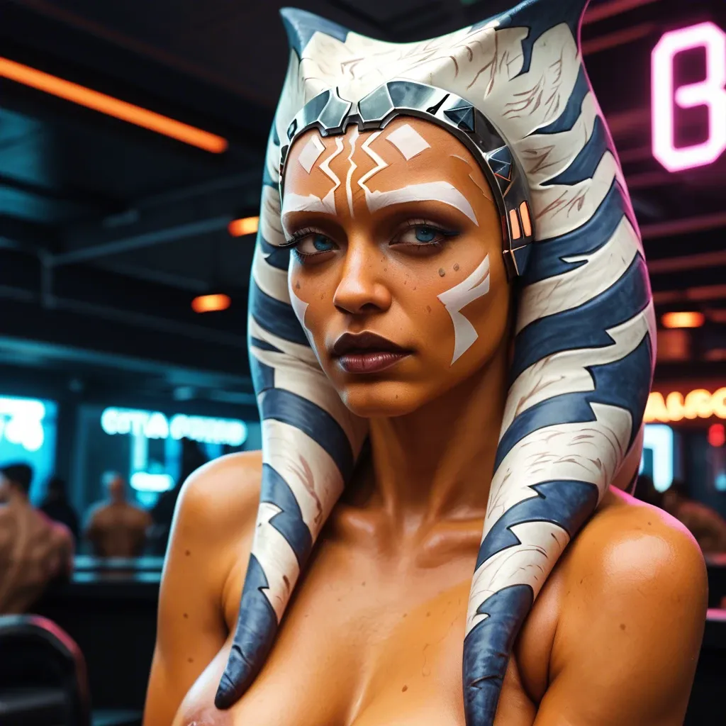 ULTRA REALISTIC Seductive ahsoka tano, in a futuristic cyberpunk strip club, naked, stripping, wild neon lights realistic orange skin, freckles, realistic detailed face eyes, high definition HD 8K, no text, unique view, extreme close-up, hardcore extreme close-up, pov, vibrant colors