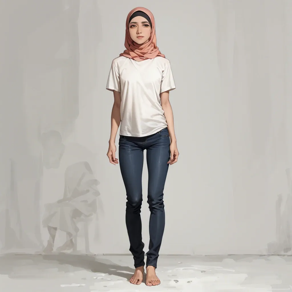 Skinny tall asian anime girl flat chested wearing hijab, long sleeved casual t-shirt and slim fit casual jeans, barefoot, indoor, young, tired eyes, smiling weakly, full body standing