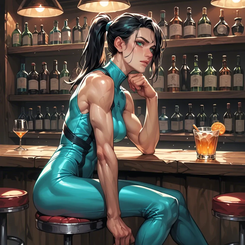 female, turquoise eyes, pale, black hair, ponytail, skinny, muscular, turquoise flightsuit, from the side, calm, staring, yandere, dominant, head tilt, sitting on barstool, bar, sci-fi