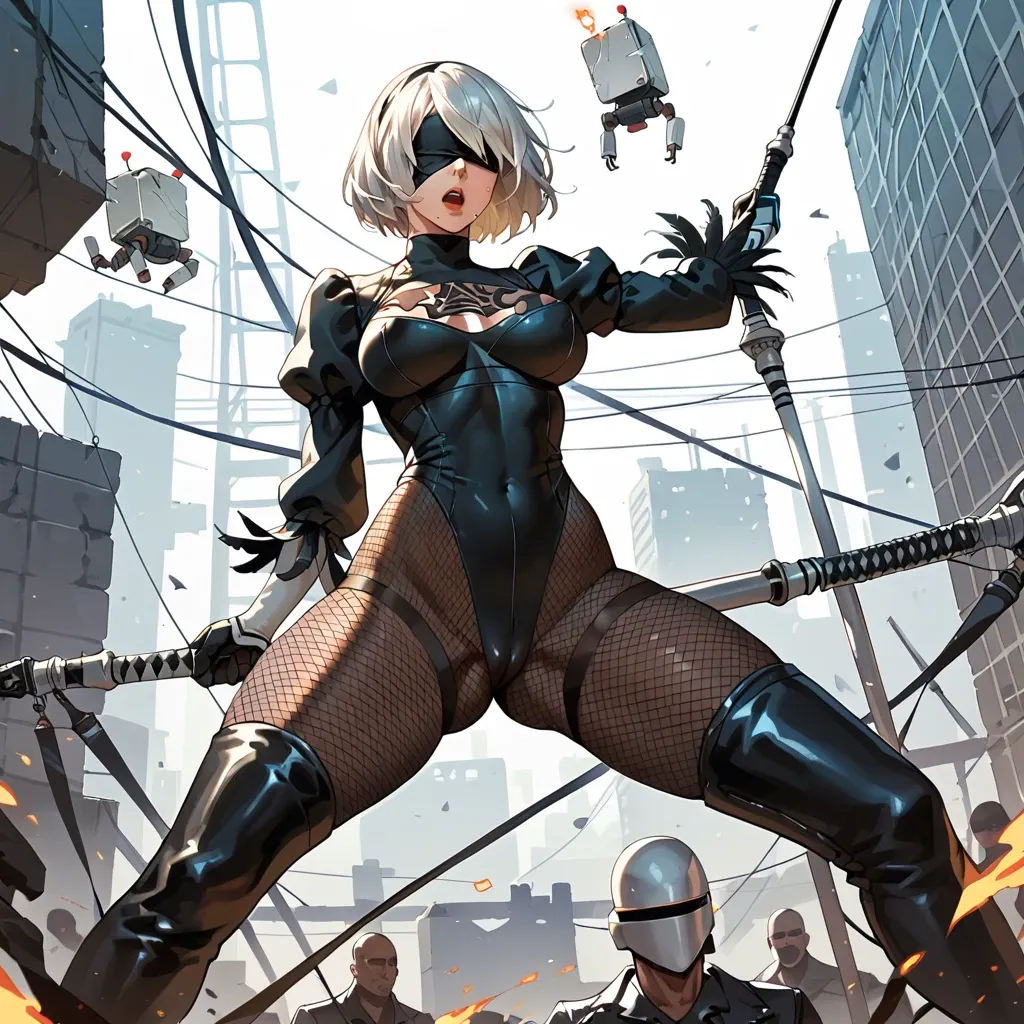 2b, nier automata, black fishnet, large grid bodysuit, thick tights