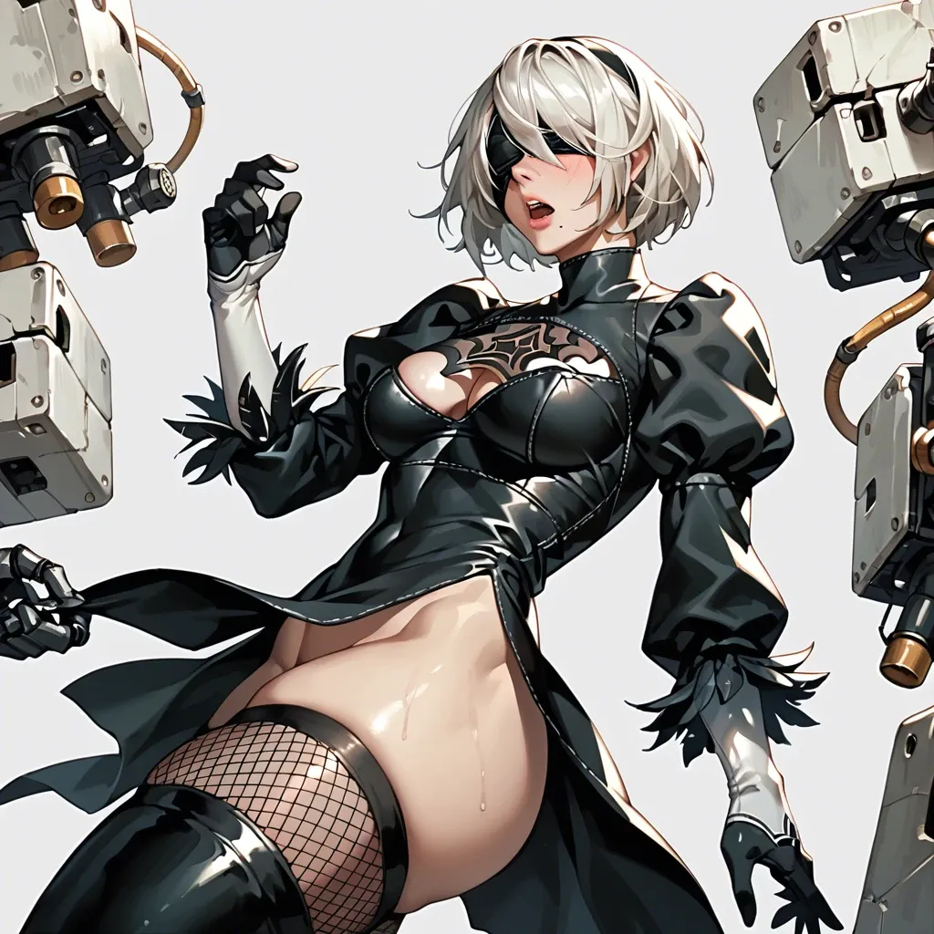 2b, nier automata, black fishnet, large grid bodysuit,