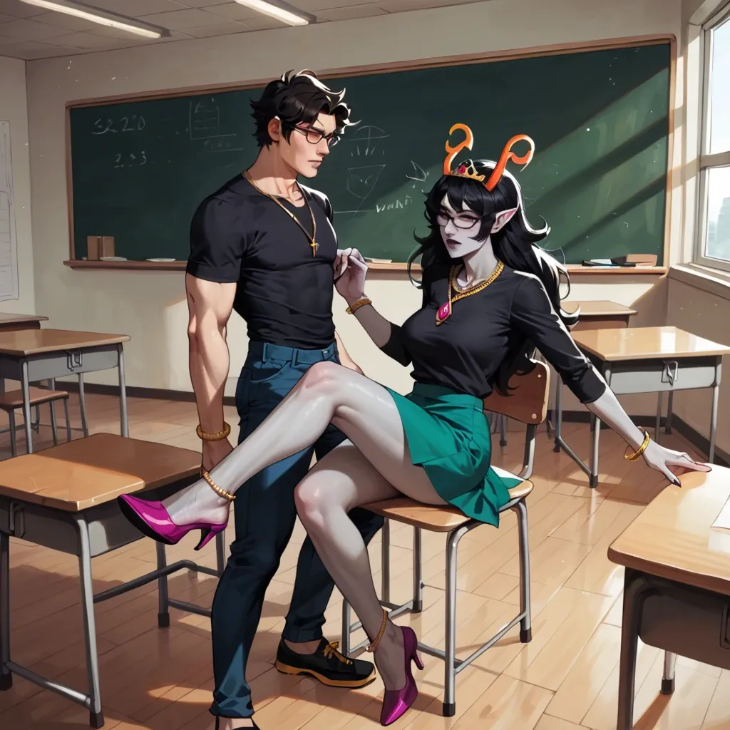 Feferi Peixes, Karkat Vantas, Homestuck, 1 girl 1 boy, classroom, grey skin, horns, glasses, blue-green skirt, magenta shoes, black shirt, black long hair, tiara, necklaces, bracelets, anklets, big breasts, big ass, black lips, sharp teeth, beautiful face, ahegao face, creampie, sex, big dick