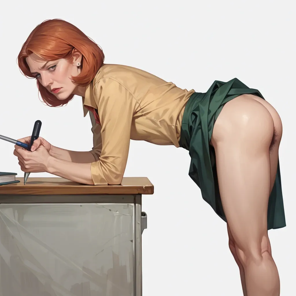 realistic,full detailed,accurate,teacher lois griffin,flat chest,hairy pussy,shy,blouse,lifted skirt,bent over,rear view,side view