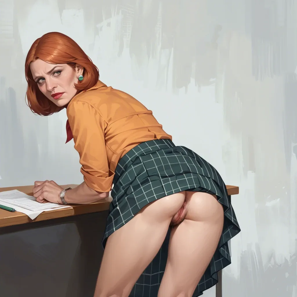 realistic,full detailed,accurate,teacher lois griffin,charming,flat chest,hairy pussy,shy,blouse,lifted skirt,bent over,rear view,side view