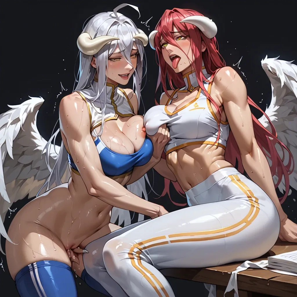 2girls,Albedo,Makima,Trembling,,grabbing breasts,tongue,shiny skin,leggings,sports top