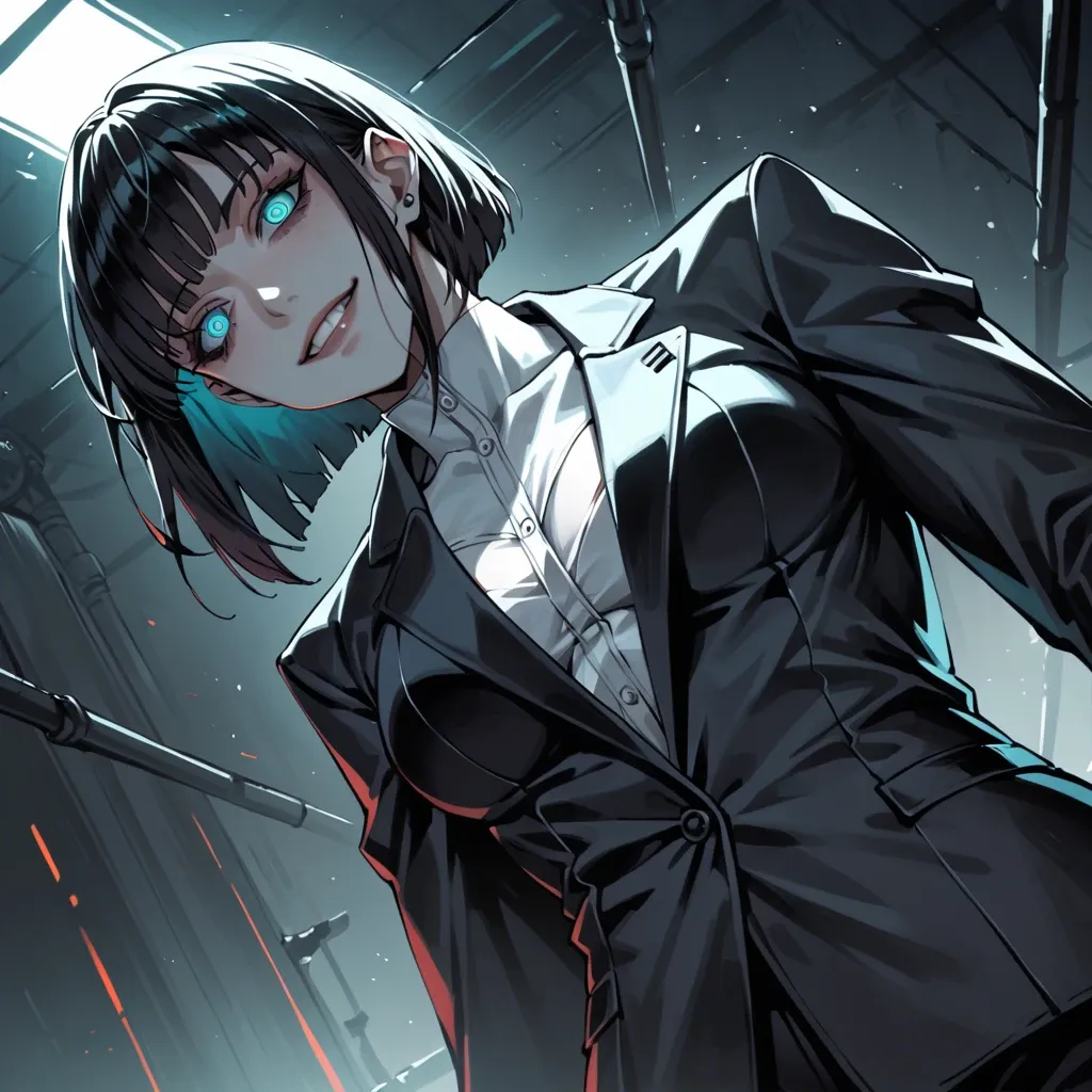 Female, pale, black hair, bangs, skinny, muscular, glowing turquoise eyes, suit, goth, sci-fi, staring, yandere, smile, dominant, dark room, from below