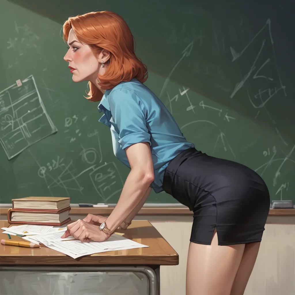 realistic,full detailed,accurate quality,teacher lois griffin,flat chest,blushing,blouse,pencil skirt,bent over on table,rear view,side view