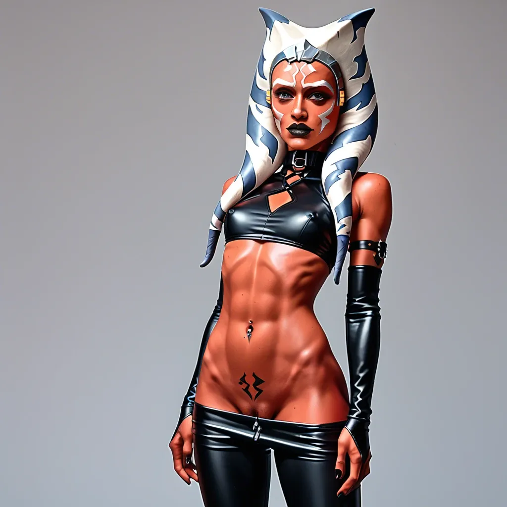 Sith ahsoka, evil ahsoka, red skin, black tattoos, very slim, microchested, wasp figure, red eyes, white and black head