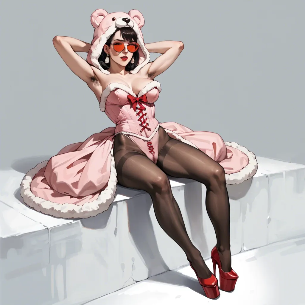 1girl,solo, , , , red lips,armpit hair,show nipple,leaning back,wide shoulders, bear costume,white socks,dangly earrings,pink corset,platform heels, silk gown,black pantyhose,red sunglasses,highleg leotard,heels, no skirt,baggy socks,latex gloves,gray sports bra,high heels, in office, restrained, cyberpunk, obedient, white sofa, western cartoon, bright-lit, princess peach, ariel, miku gangbang hot wife