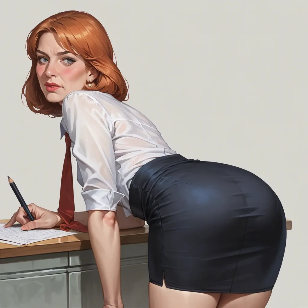 realistic,full detailed,accurate quality,teacher lois griffin,flat chest,blushing,blouse,pencil skirt,bent over,rear view,side view