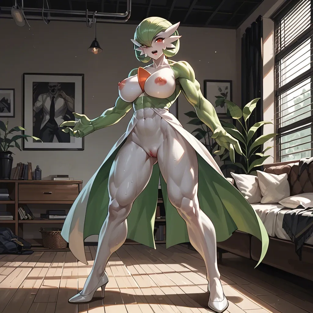 Gardevoir, pokemon, anthro, dominate, muscular female, tall, room, full body