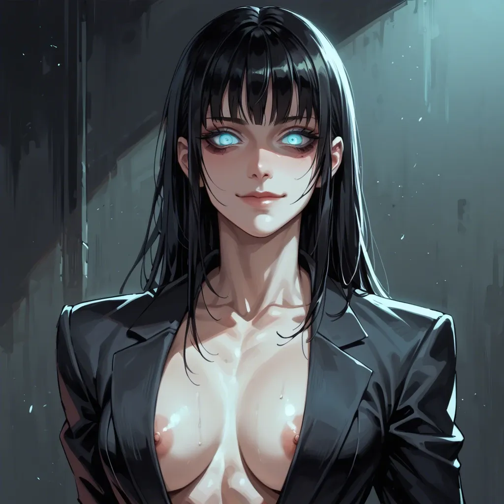 Female, pale, black hair, bangs, skinny, muscular, glowing turquoise eyes, suit, goth, sci-fi, staring, yandere, smile, dominant, dark room